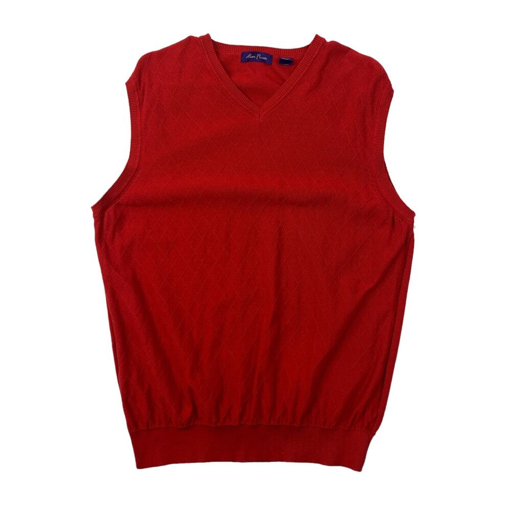 Alan Flusser Sweater Vest Mens XL Extra Large Red V Neck Cotton Diamond Jacquard